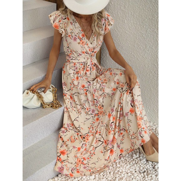 Dresses & Skirts - Floral Print Butterfly Sleeve Ruffle Hem Belted maxi Dress light cream